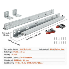 10 Pairs of 533.4mm Drawer Bottom Side Mount Rails, Heavy Duty Full Ball Bearing Extension Steel Track, Soft-Close Noiseless Guide Glides Cabinet Kitchen Runners with Locking Mechanism, 100 Lbs