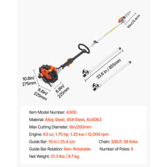 Gas Pole Saw, 43CC 2 Stroke Gas Powered Pole Saws with 25.4 cm Cutting Bar, Cordless Tree Trimmer with Rotatable Head, 2.1 to 3.6 m Extendable, Powerful Chainsaw for Tree Trimming Pruning