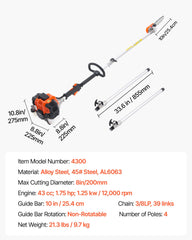 Gas Pole Saw, 43CC 2 Stroke Gas Powered Pole Saws with 25.4 cm Cutting Bar, Cordless Tree Trimmer with Rotatable Head, 2.1 to 3.6 m Extendable, Powerful Chainsaw for Tree Trimming Pruning