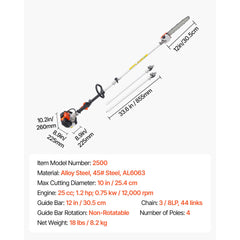 Gas Pole Saw, 25CC 2 Stroke Gas Powered Pole Saws with 30.5 cm Cutting Bar, Cordless Tree Trimmer with 650ml Fuel Tank, 2.12 to 3.62 m Extendable, Powerful Chainsaw for Tree Trimming Pruning