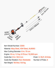 Gas Pole Saw, 33CC 2 Stroke Gas Powered Pole Saws with 20.3 cm Cutting Bar, Cordless Tree Trimmer with 850ml Fuel Tank, 2 to 3.5 m Extendable, Powerful Chainsaw for Tree Trimming Pruning