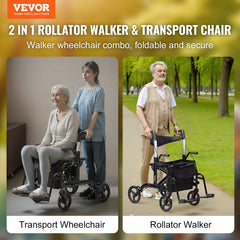 2 in 1 Rollator Walker & Transport Chair for Seniors, Folding Rolling Walker Wheelchair Combo & Footrests, Lightweight Aluminum Mobility Walker with Adjustable Handle, All Terrain Wheels, 136KG