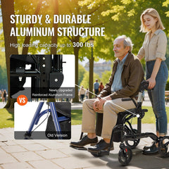 2 in 1 Rollator Walker & Transport Chair for Seniors, Folding Rolling Walker Wheelchair Combo & Footrests, Lightweight Aluminum Mobility Walker with Adjustable Handle, All Terrain Wheels, 136KG