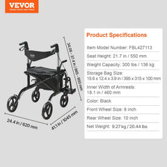 2 in 1 Rollator Walker & Transport Chair for Seniors, Folding Rolling Walker Wheelchair Combo & Footrests, Lightweight Aluminum Mobility Walker with Adjustable Handle, All Terrain Wheels, 136KG