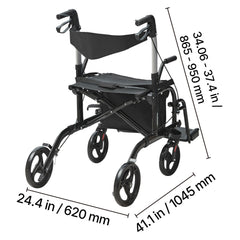 2 in 1 Rollator Walker & Transport Chair for Seniors, Folding Rolling Walker Wheelchair Combo & Footrests, Lightweight Aluminum Mobility Walker with Adjustable Handle, All Terrain Wheels, 136KG