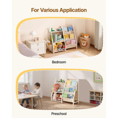 3-Tier Kids Bookshelf, Toy Storage Organizer for Toddler, Book Shelf for Kids Rooms with Sling Book Rack and Storage Bag, Kids Storage Book Shelves for Kids Room, Playroom, Kindergarten, Nursery