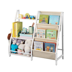 3-Tier Kids Bookshelf, Toy Storage Organizer for Toddler, Book Shelf for Kids Rooms with Sling Book Rack and Storage Bag, Kids Storage Book Shelves for Kids Room, Playroom, Kindergarten, Nursery