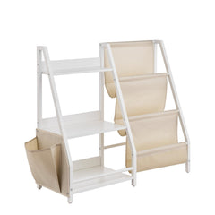 3-Tier Kids Bookshelf, Toy Storage Organizer for Toddler, Book Shelf for Kids Rooms with Sling Book Rack and Storage Bag, Kids Storage Book Shelves for Kids Room, Playroom, Kindergarten, Nursery