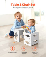 Montessori Weaning Table and Chair Set, Wooden Toddler Table and Chair Set for Aged 1-5, Adjustable Height Kids Montessori Chair and Activity Table, Ideal for Reading, Eating, Playing - White