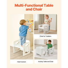 Montessori Weaning Table and Chair Set, Wooden Toddler Table and Chair Set for Aged 1-5, Adjustable Height Kids Montessori Chair and Activity Table, Ideal for Reading, Eating, Playing - White