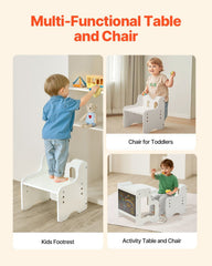 Montessori Weaning Table and Chair Set, 3 In 1 Wooden Toddler Table and Chairs with Chalkboard, Adjustable Height Montessori Table for Ages 1-5, Ideal for Drawing, Reading, Eating - White
