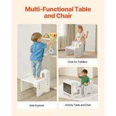 Montessori Weaning Table and Chair Set, 3 In 1 Wooden Toddler Table and Chairs with Chalkboard, Adjustable Height Montessori Table for Ages 1-5, Ideal for Drawing, Reading, Eating - White