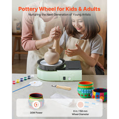 Mini Pottery Wheel, 158 mm Turntable, Forward and Reverse Rotation, Adjustable Speed, Electric Clay Wheel for Kids and Adults, with Clay Shaping Tools, for Home DIY, Pottery Classes, Green