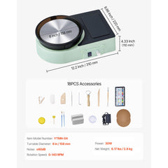 Mini Pottery Wheel, 158 mm Turntable, Forward and Reverse Rotation, Adjustable Speed, Electric Clay Wheel for Kids and Adults, with Clay Shaping Tools, for Home DIY, Pottery Classes, Green