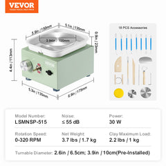 VEVOR Mini Pottery Wheel, 0-320RPM Adjustable Speed Detachable Basin Forming Machine, 2.56in/3.94in 2 Turntables Electric Ceramic Wheel Machine, 18pcs Accessories, for Art Craft Work Home DIY, Green