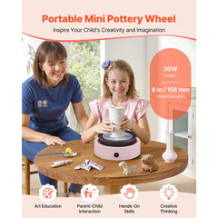 Mini Pottery Wheel, 158 mm Turntable, Forward and Reverse Rotation, Adjustable Speed, Electric Clay Wheel for Kids and Beginners, with Shaping Tools, for Home DIY, Pottery Classes, Pink