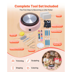 Mini Pottery Wheel, 158 mm Turntable, Forward and Reverse Rotation, Adjustable Speed, Electric Clay Wheel for Kids and Beginners, with Shaping Tools, for Home DIY, Pottery Classes, Pink