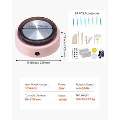 Mini Pottery Wheel, 158 mm Turntable, Forward and Reverse Rotation, Adjustable Speed, Electric Clay Wheel for Kids and Beginners, with Shaping Tools, for Home DIY, Pottery Classes, Pink