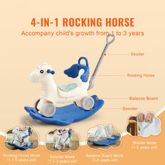 4 in 1 Rocking Horse for Toddlers 1-3 Years, Baby Rocking Horse with Detachable Balance Board, Push Handle and 4 Smooth Wheels, Support up to 80 lbs HDPE Kids Ride on Toy with Sound, Blue