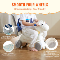 4 in 1 Rocking Horse for Toddlers 1-3 Years, Baby Rocking Horse with Detachable Balance Board, Push Handle and 4 Smooth Wheels, Support up to 80 lbs HDPE Kids Ride on Toy with Sound, Blue