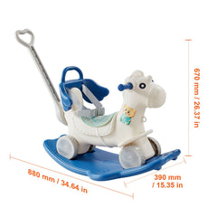 4 in 1 Rocking Horse for Toddlers 1-3 Years, Baby Rocking Horse with Detachable Balance Board, Push Handle and 4 Smooth Wheels, Support up to 80 lbs HDPE Kids Ride on Toy with Sound, Blue