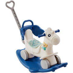 4 in 1 Rocking Horse for Toddlers 1-3 Years, Baby Rocking Horse with Detachable Balance Board, Push Handle and 4 Smooth Wheels, Support up to 80 lbs HDPE Kids Ride on Toy with Sound, Blue