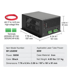 CO2 Laser Power Supply, 80W, Power Supply for 80W Laser Tube, Constant Current Protection, Open Circuit Protection, Fast Heat Dissipation, Compatible for Multi-brand Laser Engravers & Cutters