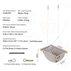 Canvas Hammock Swing, 3 Modes Baby Swing Indoor and Outdoor with 5-Point Harness, and Tree Straps, 150lbs Weight Capacity, Integrated Cushion, Wooden Hanging Swing Seat for Baby to Toddler