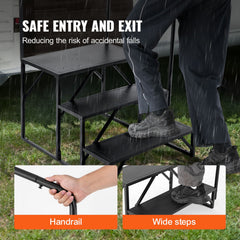 RV Steps, 3-Step RV Stairs, 199.58KGS Load Capacity, Thickened Carbon Steel, With Handrail, Non-Slip Steps for Safe Entry and Exit, Suit for RV, Trailer, Camper Steps