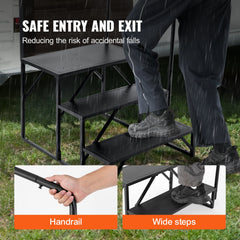 RV Steps, 3-Step RV Stairs, 199.58KGS Load Capacity, Thickened Carbon Steel, With Handrail, Non-Slip Steps for Safe Entry and Exit, Suit for RV, Trailer, Camper Steps