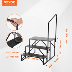 RV Steps, 3-Step RV Stairs, 199.58KGS Load Capacity, Thickened Carbon Steel, With Handrail, Non-Slip Steps for Safe Entry and Exit, Suit for RV, Trailer, Camper Steps