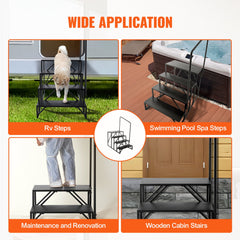 RV Steps, 4-Step RV Stairs, 199.58KGS Load Capacity, Thickened Carbon Steel, With Handrail, Non-Slip Steps for Safe Entry and Exit, Suit for RV, Trailer, Camper Steps