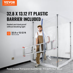 Dust Barrier Poles, 10 Ft Barrier Poles, Dust Barrier System with 4 Telescoping Poles, Magnetic Zipper, Carry Bag and 32.8x13.12 Ft Plastic Film, for Interior Decoration, Painting