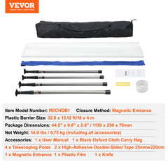 Dust Barrier Poles, 10 Ft Barrier Poles, Dust Barrier System with 4 Telescoping Poles, Magnetic Zipper, Carry Bag and 32.8x13.12 Ft Plastic Film, for Interior Decoration, Painting