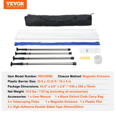 Dust Barrier Poles, 12 Ft Barrier Poles, Dust Barrier System with 4 Telescoping Poles, Magnetic Zipper, Carry Bag and 32.8x13.12 Ft Plastic Film, for Interior Decoration, Painting