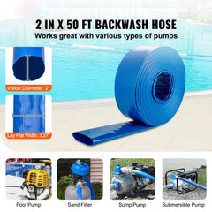 Backwash Hose, 2 in x 50 ft, Heavy-Duty PVC Flat Pool Discharge Hose with Aluminum Camlock C & E Fittings, Clamps, Compatible with Pumps, Sand Filters, for Swimming Pools Waste Water Drain, Blue