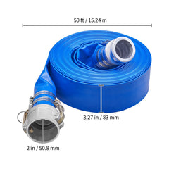Backwash Hose, 2 in x 50 ft, Heavy-Duty PVC Flat Pool Discharge Hose with Aluminum Camlock C & E Fittings, Clamps, Compatible with Pumps, Sand Filters, for Swimming Pools Waste Water Drain, Blue