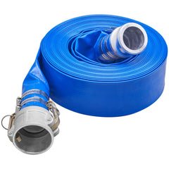 Backwash Hose, 2 in x 50 ft, Heavy-Duty PVC Flat Pool Discharge Hose with Aluminum Camlock C & E Fittings, Clamps, Compatible with Pumps, Sand Filters, for Swimming Pools Waste Water Drain, Blue