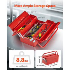 Metal Tool Box, 14-inch, 2-Tier 3-Tray Portable Folding Tool Chest Organizer with Handle & Lock Hole, Powder Coated Steel, Cantilever Toolbox for Household Factory Warehouse Repair Shop, Red
