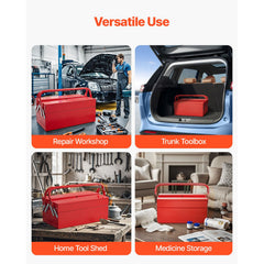 Metal Tool Box, 14-inch, 2-Tier 3-Tray Portable Folding Tool Chest Organizer with Handle & Lock Hole, Powder Coated Steel, Cantilever Toolbox for Household Factory Warehouse Repair Shop, Red