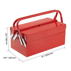 Metal Tool Box, 14-inch, 2-Tier 3-Tray Portable Folding Tool Chest Organizer with Handle & Lock Hole, Powder Coated Steel, Cantilever Toolbox for Household Factory Warehouse Repair Shop, Red