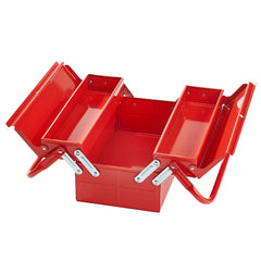 Metal Tool Box, 14-inch, 2-Tier 3-Tray Portable Folding Tool Chest Organizer with Handle & Lock Hole, Powder Coated Steel, Cantilever Toolbox for Household Factory Warehouse Repair Shop, Red