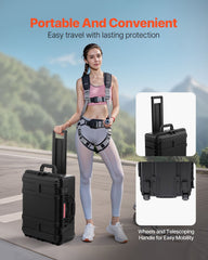 2.5 Cu.ft Weatherproof Hard Case, Waterproof Hard Case with Rolling Wheels and Retractable Pull Handle, IP67 Waterproof Protective Case with 4 Clips, 4 Padlock Holes, and Foam Inserted, Black
