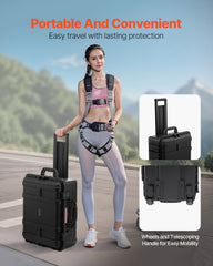 2.5 Cu.ft Weatherproof Hard Case, Waterproof Hard Case with Rolling Wheels and Retractable Pull Handle, IP67 Waterproof Protective Case with 4 Clips, 4 Padlock Holes, and Foam Inserted, Black