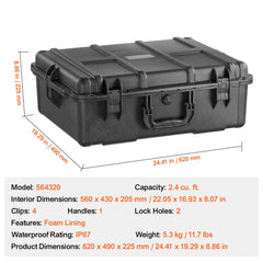 Weatherproof Hard Case, Heavy Duty Protective Dry Box Case with Pre-cut Foam, and Retractable Pull Handles for Travel, Hunting, Military, Tactical, IP67 Waterproof Case for Cameras (56.1x37x26)