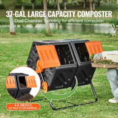 Compost Bin 37 Gal Dual-Chamber Composter Tumbler Rotating Sliding Doors