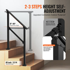 2 PCS 2-3 Handrails for Outdoor for Seniors Porch Deck Black Square Tube