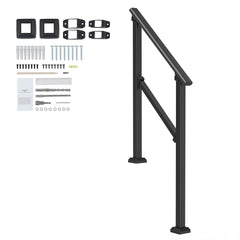 Handrails for Outdoor Steps, 2-3 Step Stair Hand Rail Kit, Transitional Carbon Steel Railings with Installation Kit, Stair Rails for Seniors, Concrete Steps & Porch & Deck, Black Square Tube
