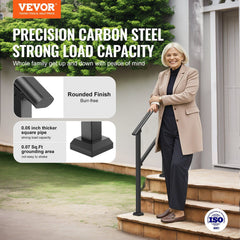 Handrails for Outdoor Steps, 2-3 Step Stair Hand Rail Kit, Transitional Carbon Steel Railings with Installation Kit, Stair Rails for Seniors, Concrete Steps & Porch & Deck, Black Square Tube