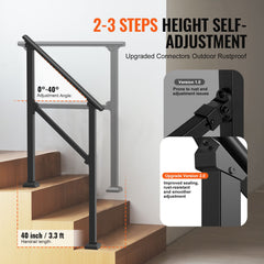 Handrails for Outdoor Steps, 2-3 Step Stair Hand Rail Kit, Transitional Carbon Steel Railings with Installation Kit, Stair Rails for Seniors, Concrete Steps & Porch & Deck, Black Square Tube